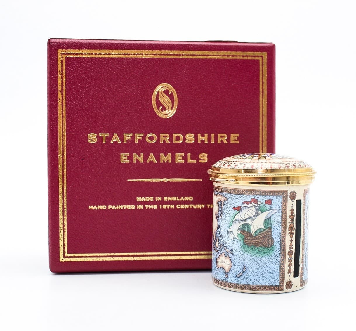 Staffordshire Enamels World Map & Ship Cylindrical Enamel Roll Stamp Box - Thumbnail 11