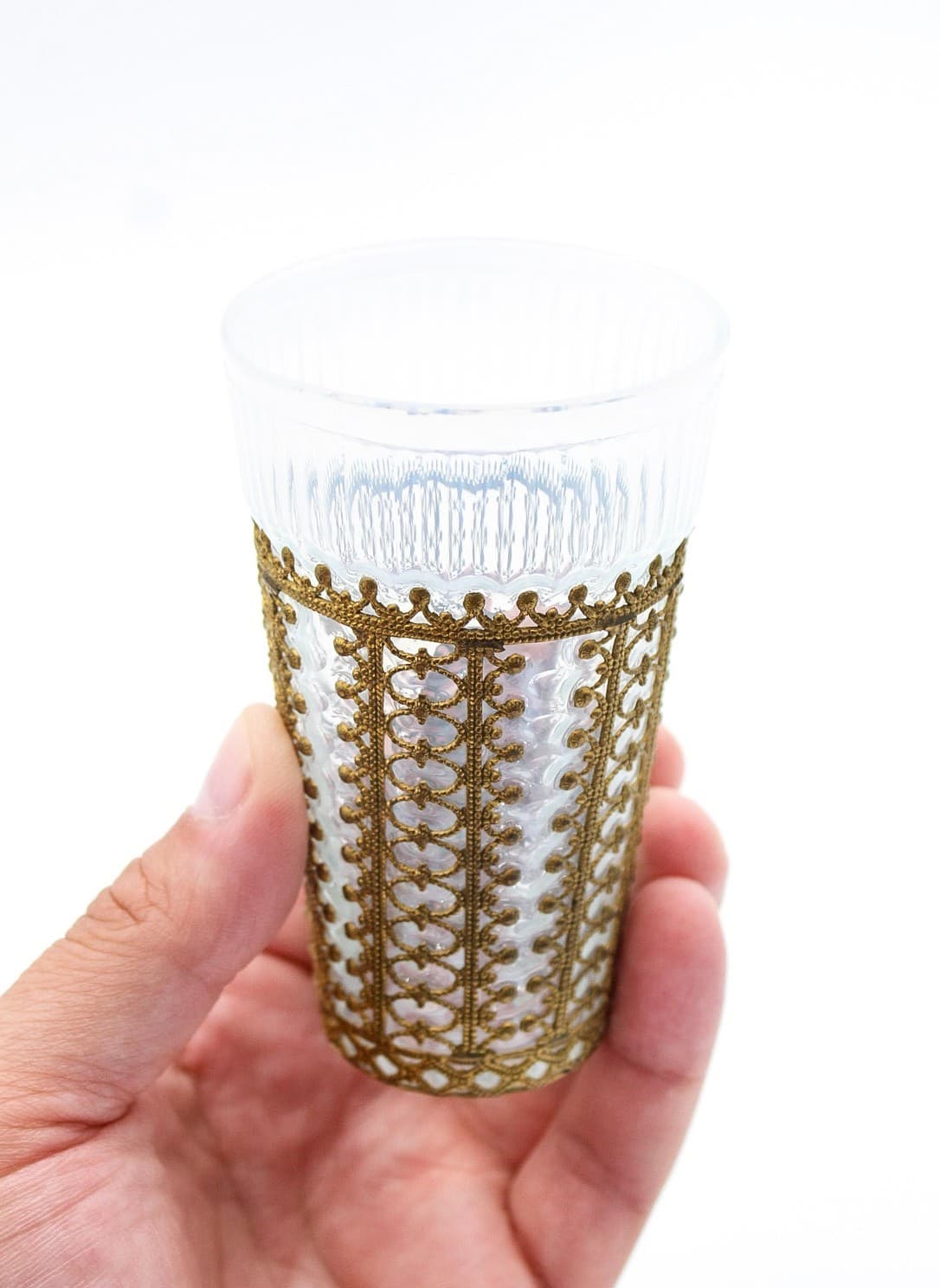 Vintage Hand Crafted Metal Brass Filigreed Work Highball Opaline Glass - Thumbnail 2
