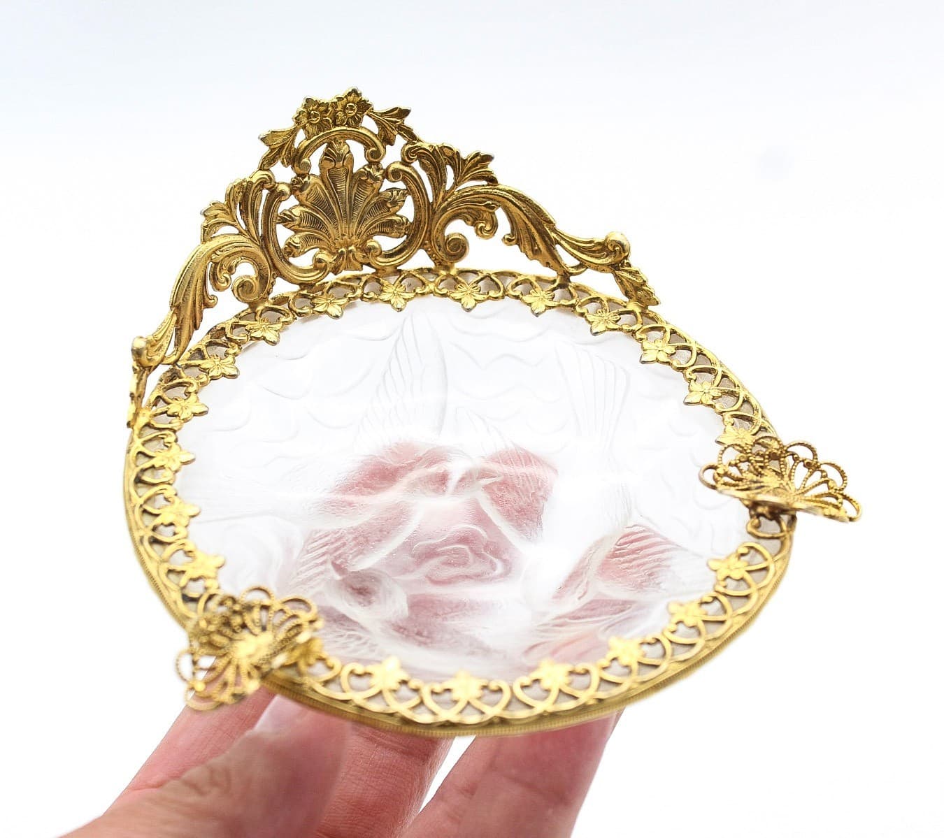 Vintage French Gold Ormolu Filigree Frosted Art Glass Bird Dove Ashtray - Thumbnail 12