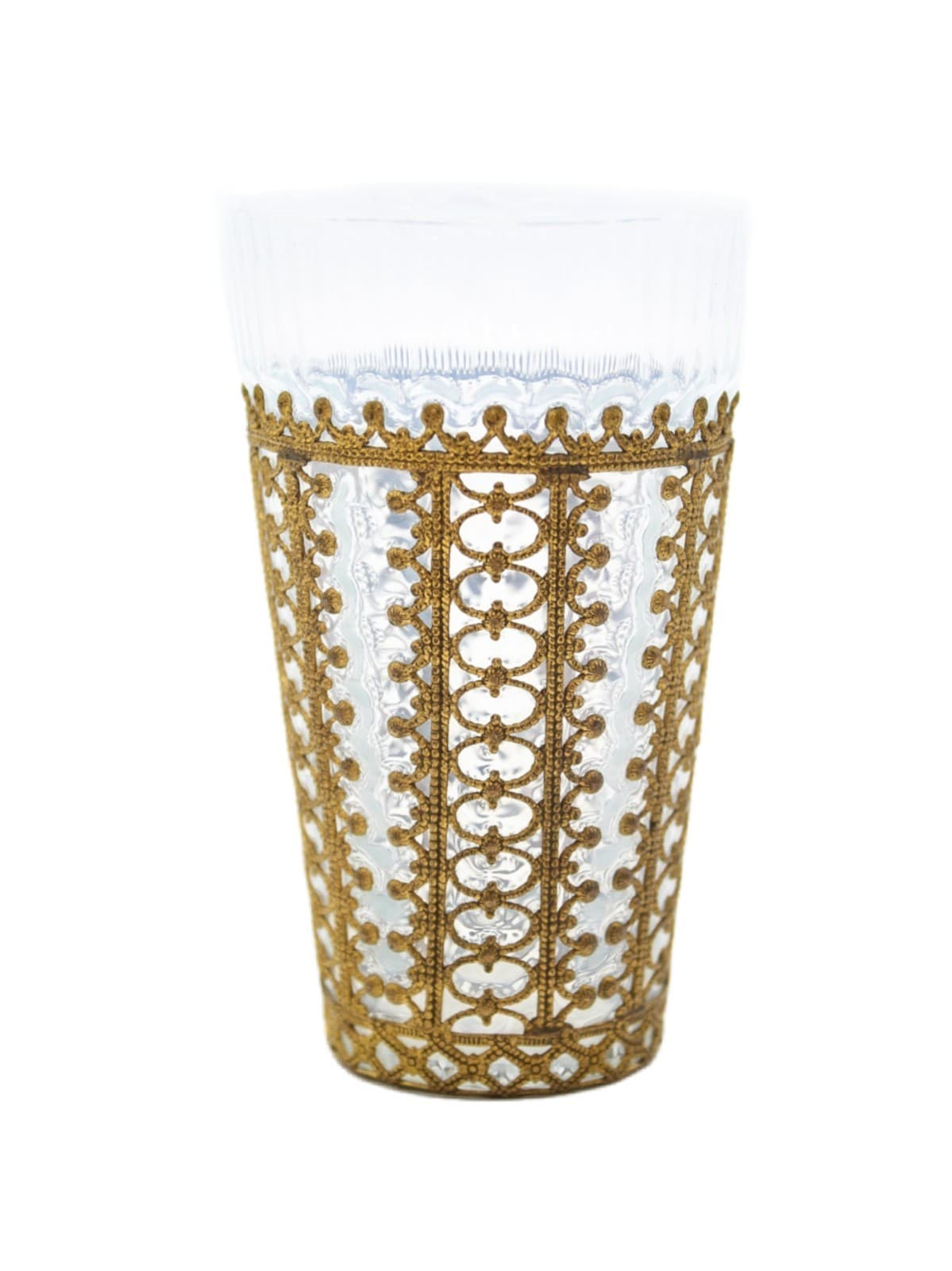 Vintage Hand Crafted Metal Brass Filigreed Work Highball Opaline Glass