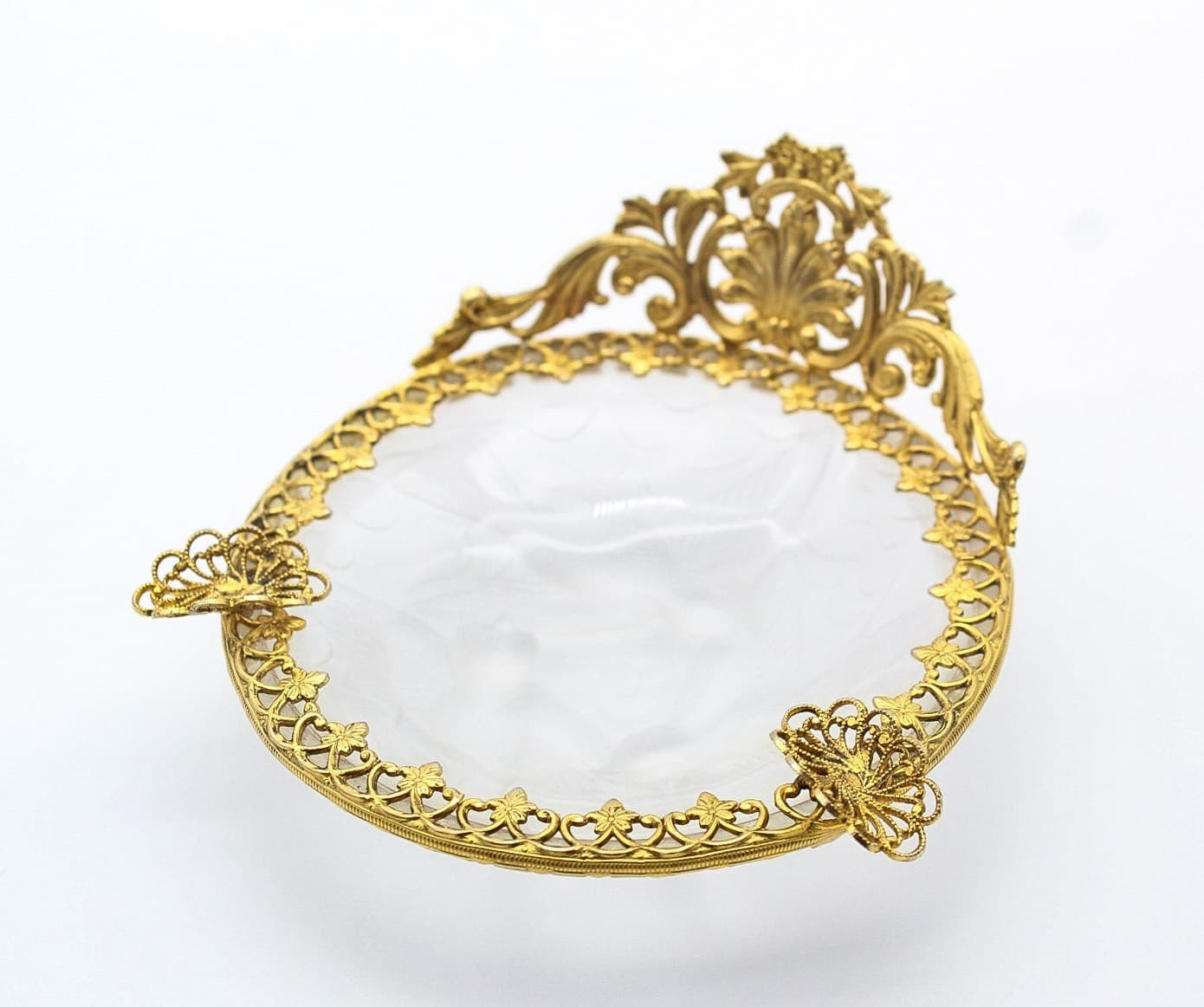 Vintage French Gold Ormolu Filigree Frosted Art Glass Bird Dove Ashtray - Thumbnail 2