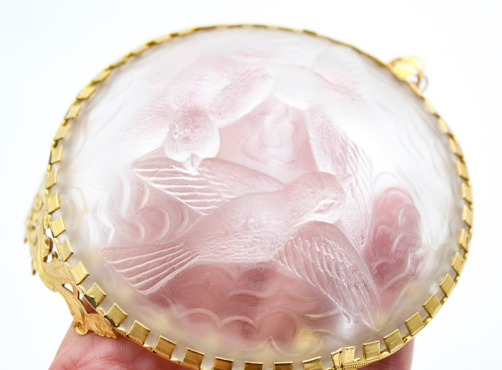 Vintage French Gold Ormolu Filigree Frosted Art Glass Bird Dove Ashtray - Thumbnail 3