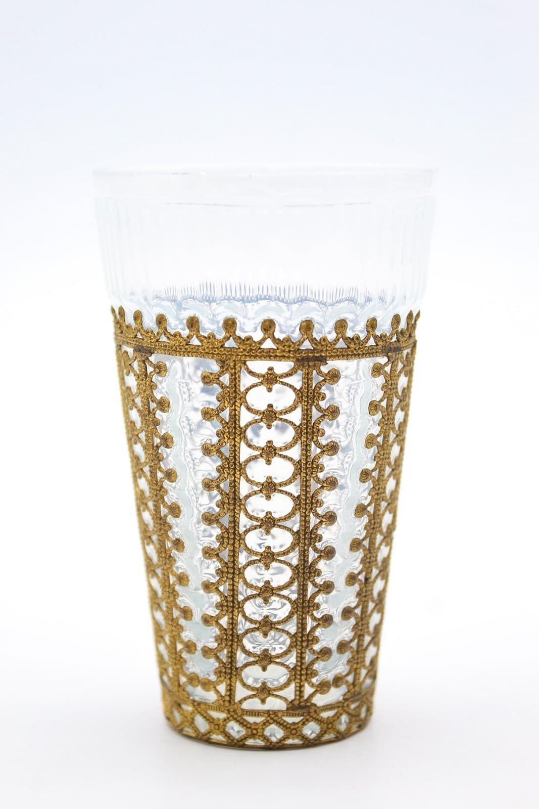 Vintage Hand Crafted Metal Brass Filigreed Work Highball Opaline Glass - Thumbnail 9