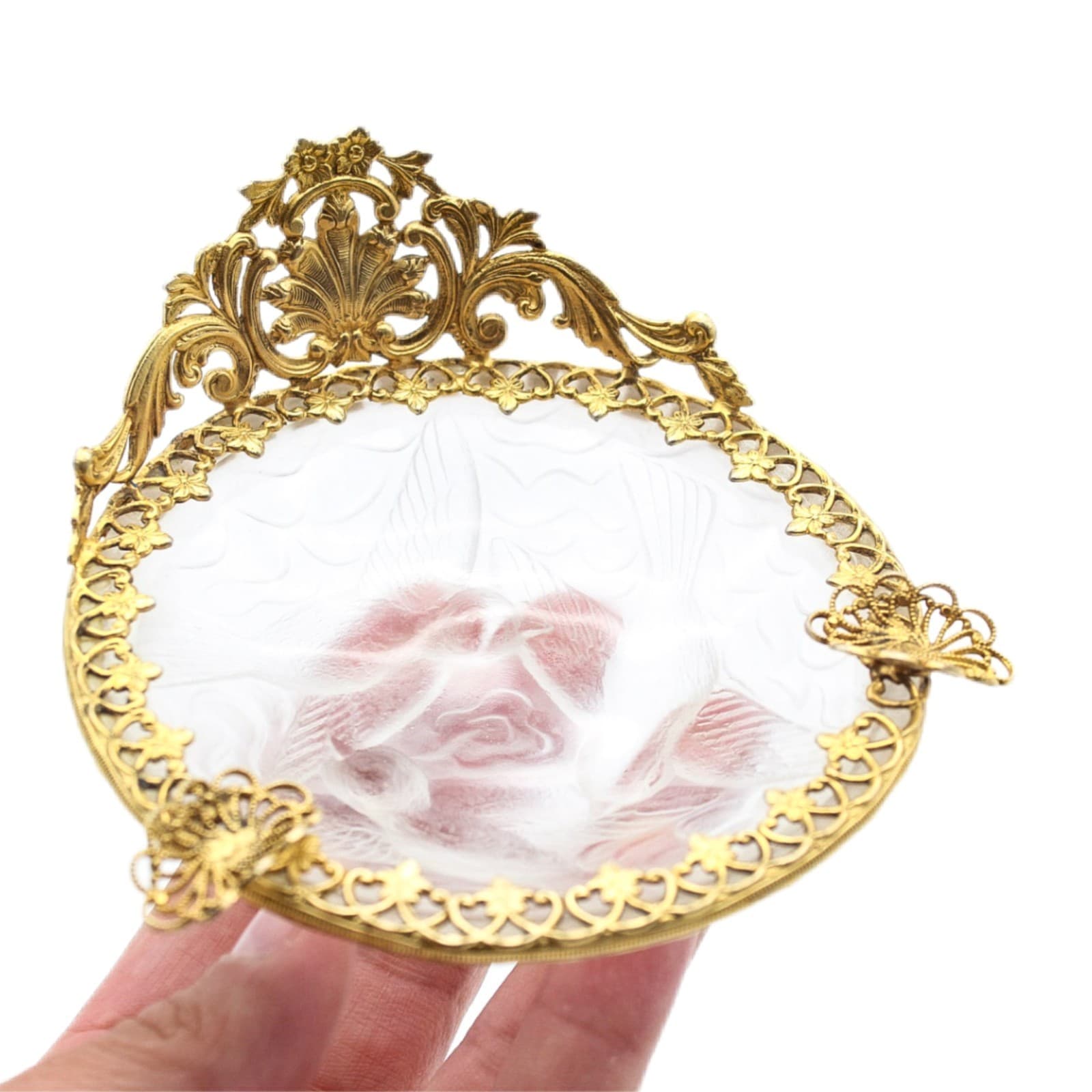 Vintage French Gold Ormolu Filigree Frosted Art Glass Bird Dove Ashtray