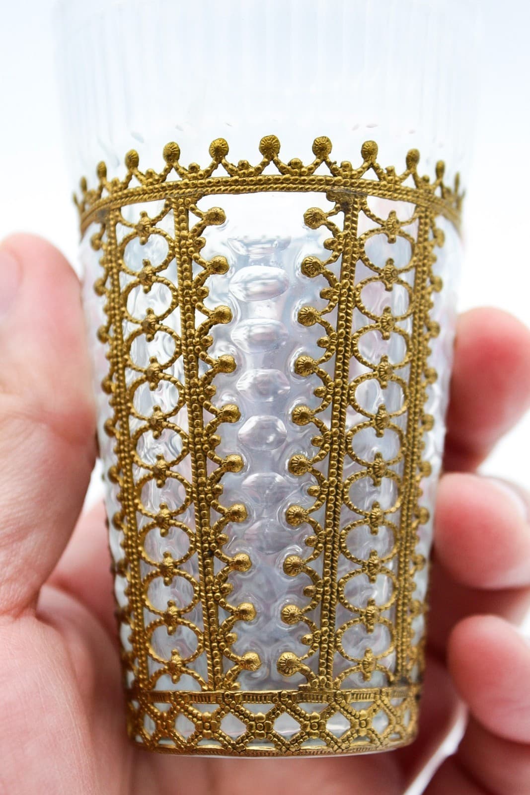 Vintage Hand Crafted Metal Brass Filigreed Work Highball Opaline Glass - Thumbnail 5