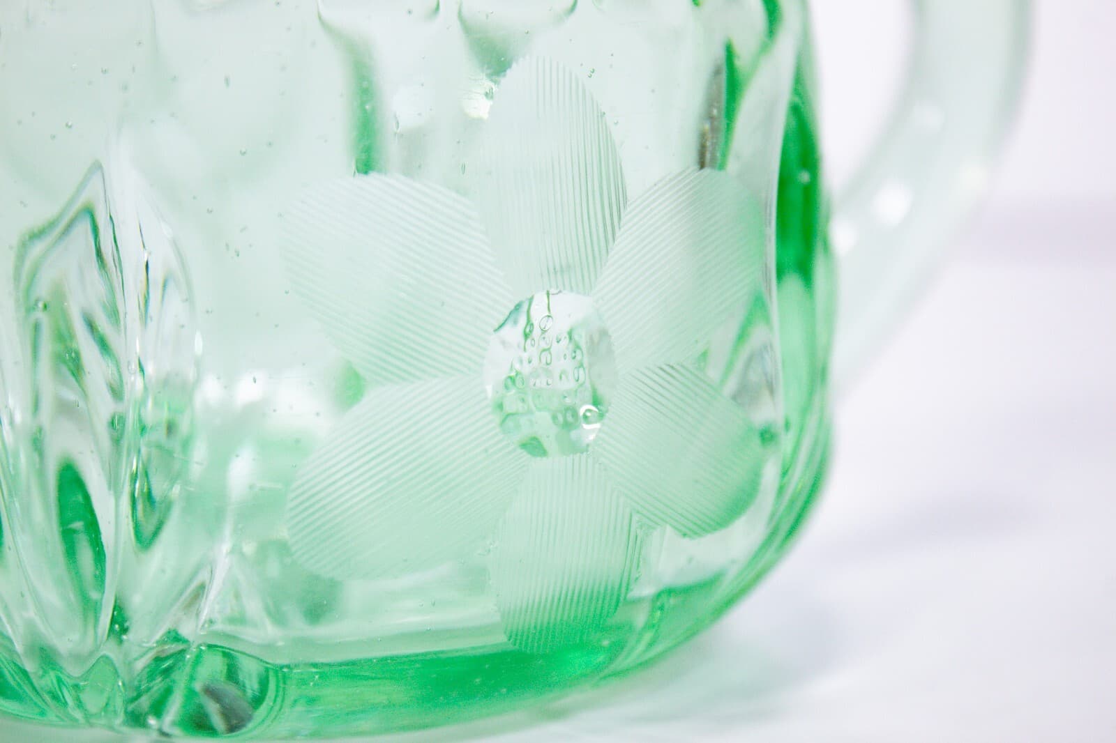 Vintage Green Uranium Double Handled Floral Design Glass Sugar Dish Bowl - Thumbnail 3