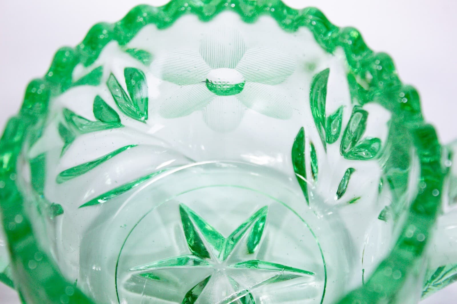 Vintage Green Uranium Double Handled Floral Design Glass Sugar Dish Bowl - Thumbnail 5