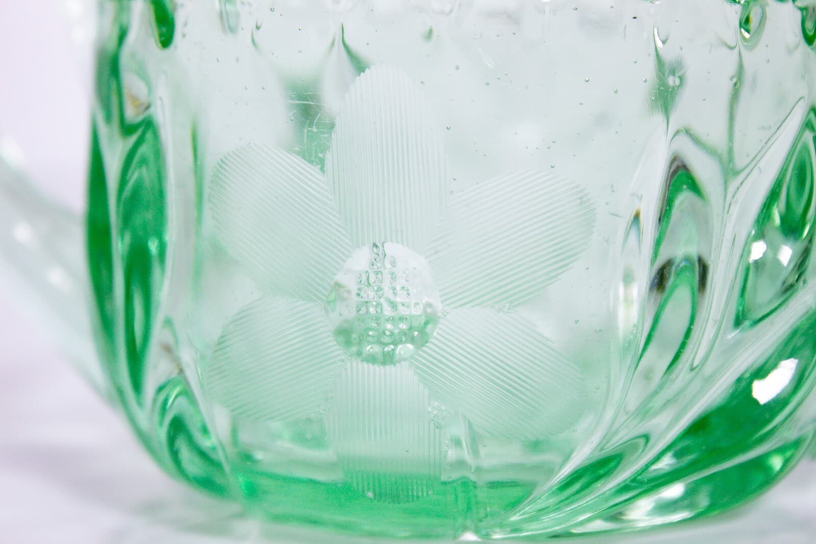 Vintage Green Uranium Double Handled Floral Design Glass Sugar Dish Bowl - Thumbnail 2