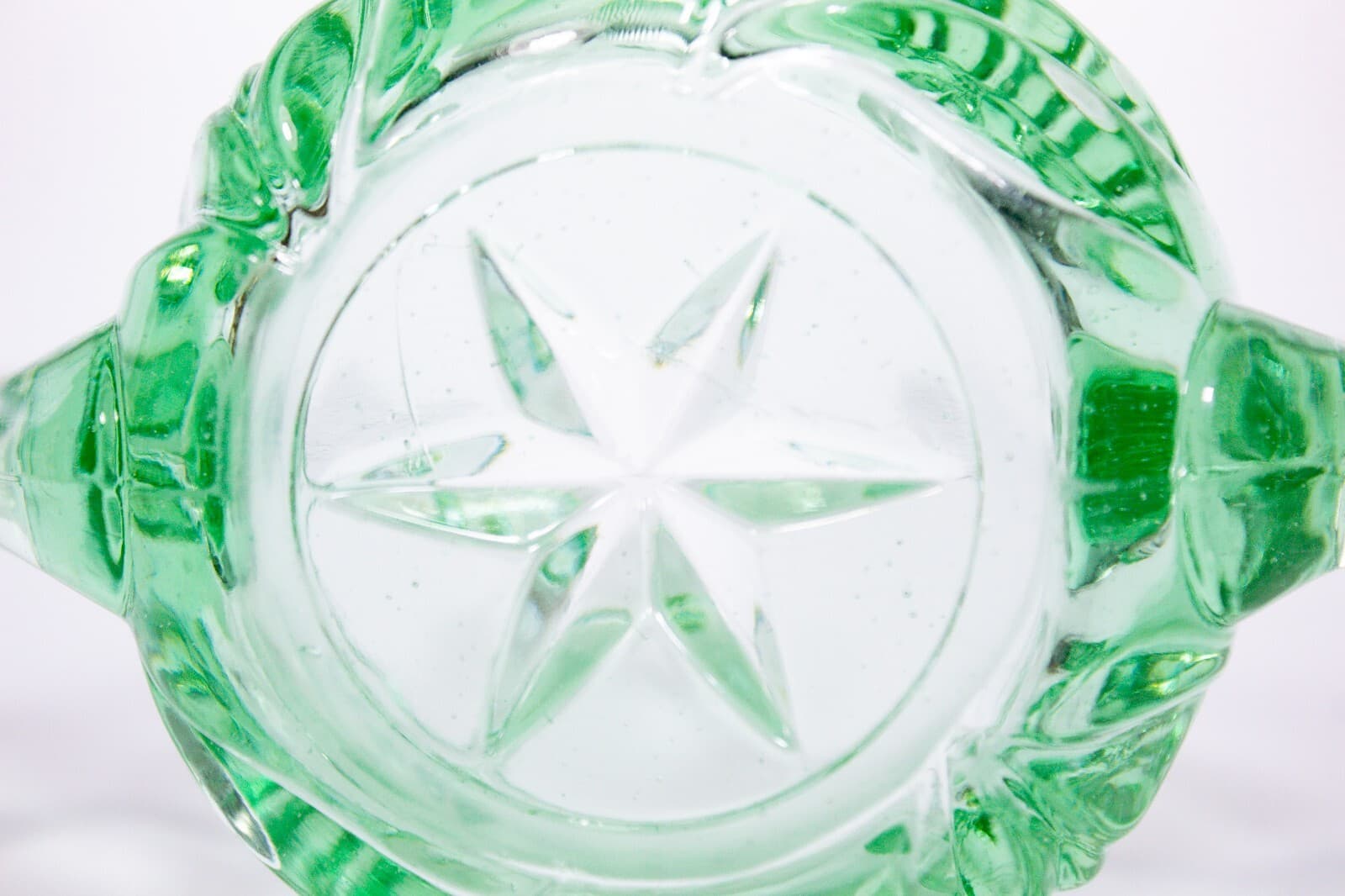 Vintage Green Uranium Double Handled Floral Design Glass Sugar Dish Bowl - Thumbnail 6