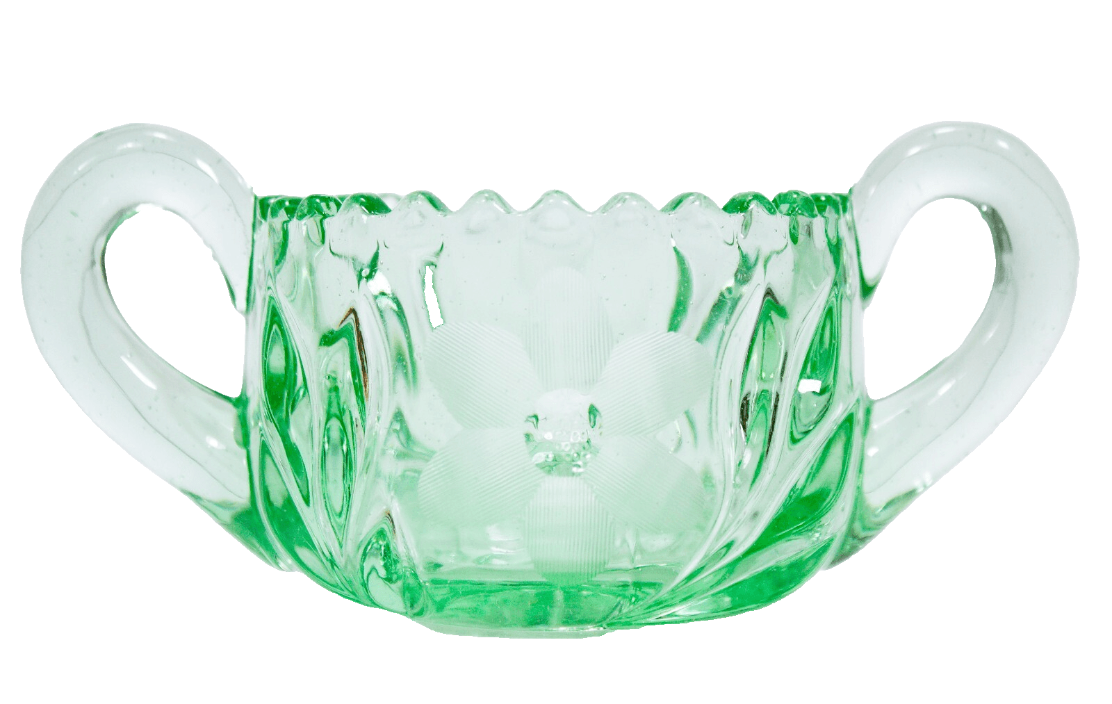 Vintage Green Uranium Double Handled Floral Design Glass Sugar Dish Bowl