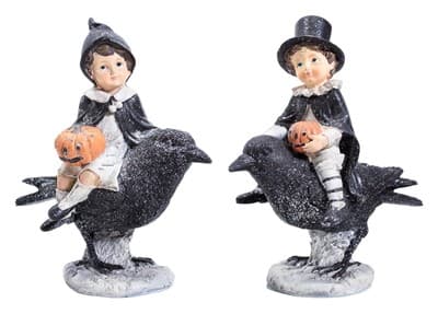 Pair of Vintage Boy & Girl On Black Crows Birds Halloween Decoration Figures