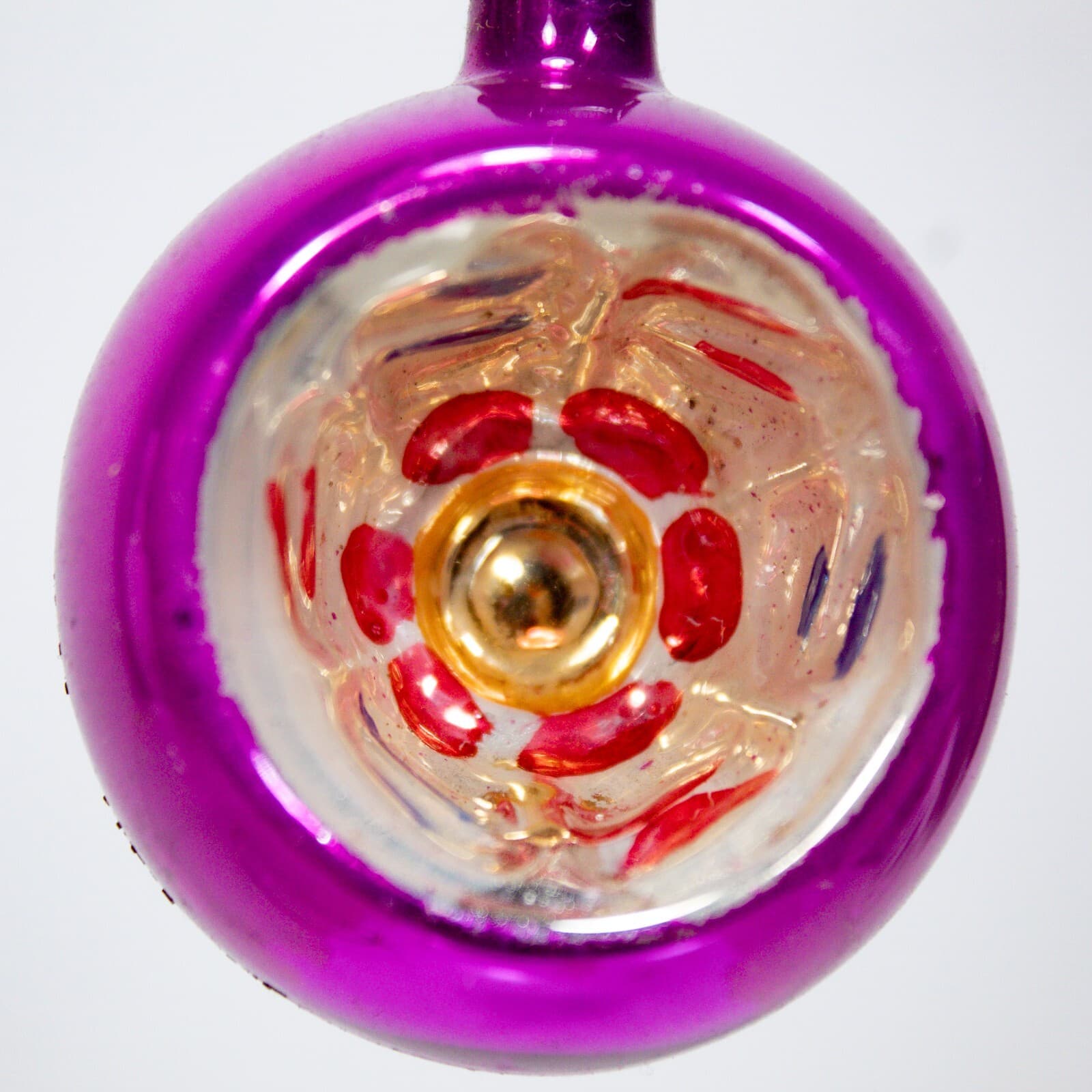 Vintage Poland Flower Indent Pink Round Mercury Glass Christmas Ornament - Thumbnail 3