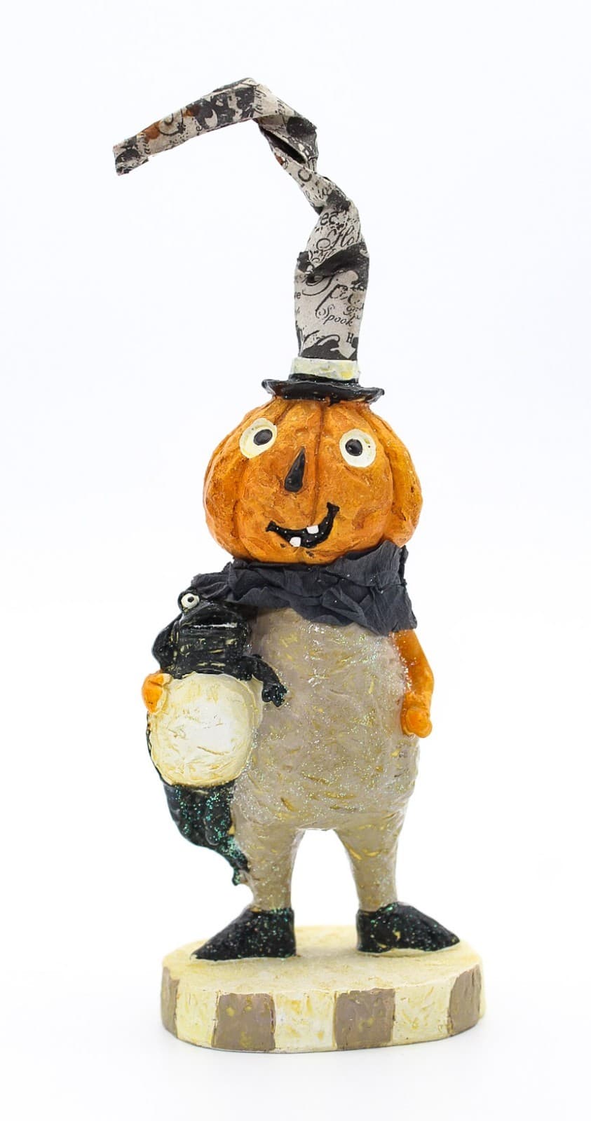 Vintage Carved Resin Pumpkin With Frog Whimsical Folk Art Halloween Decor Figure - Thumbnail 8