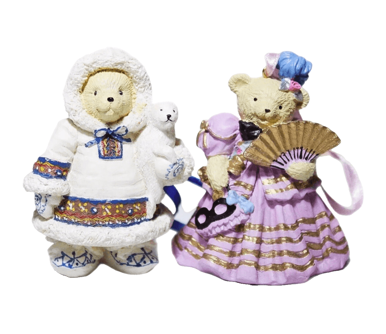 2 Vintage MUFFY VANDERBEAR Eskimo & Bal Masque Christmas Ornaments