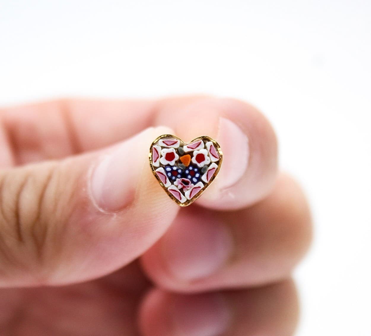 Vintage Italian Floral Multi Color Glass Micro Mosaic Heart Stud Earrings - Thumbnail 3