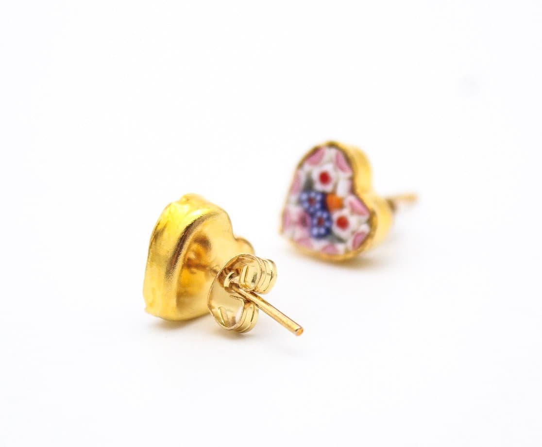 Vintage Italian Floral Multi Color Glass Micro Mosaic Heart Stud Earrings - Thumbnail 4