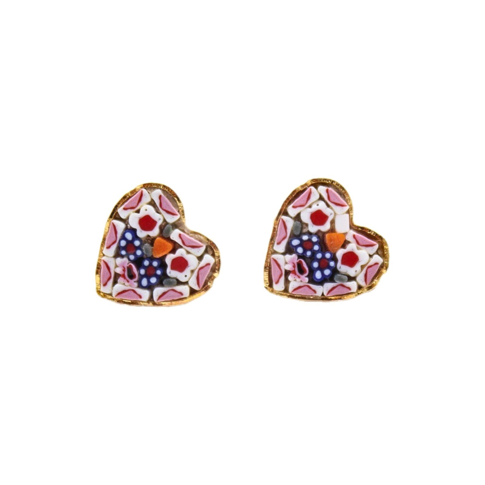 Vintage Italian Floral Multi Color Glass Micro Mosaic Heart Stud Earrings