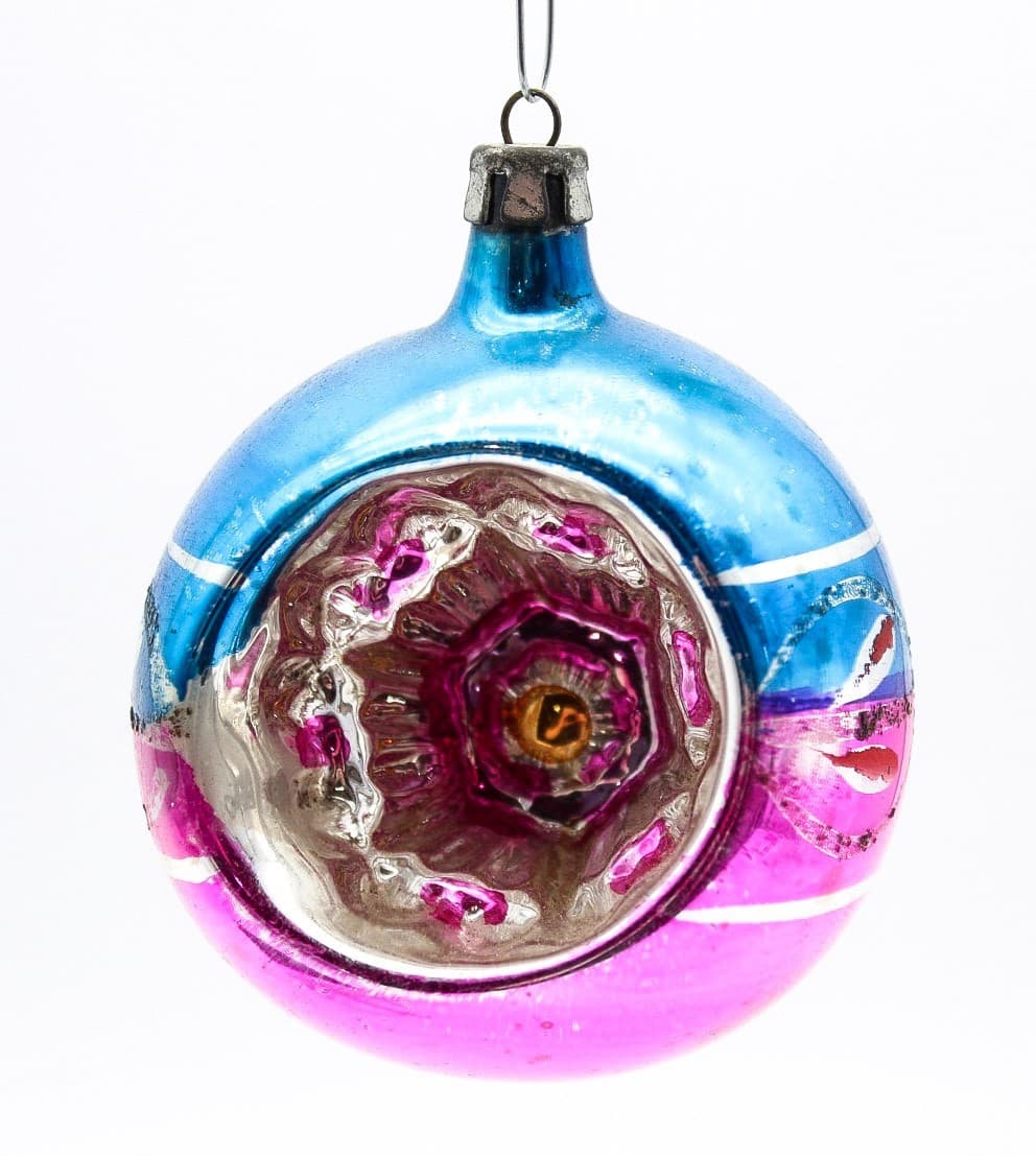 Vintage Poland Pink Blue Mercury Glass Indent Reflector Christmas Ornament - Thumbnail 8
