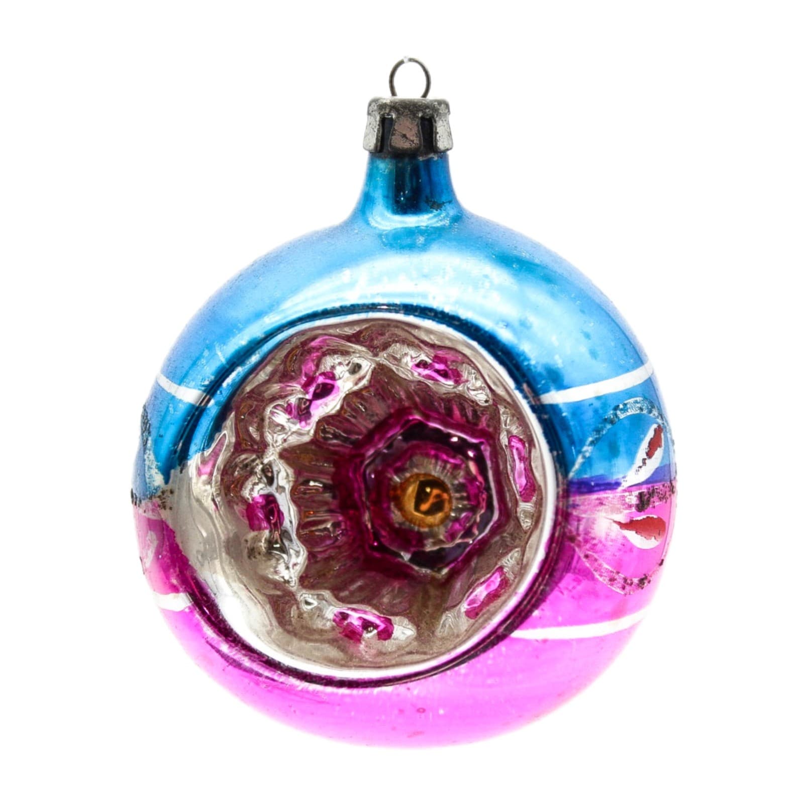 Vintage Poland Pink Blue Mercury Glass Indent Reflector Christmas Ornament