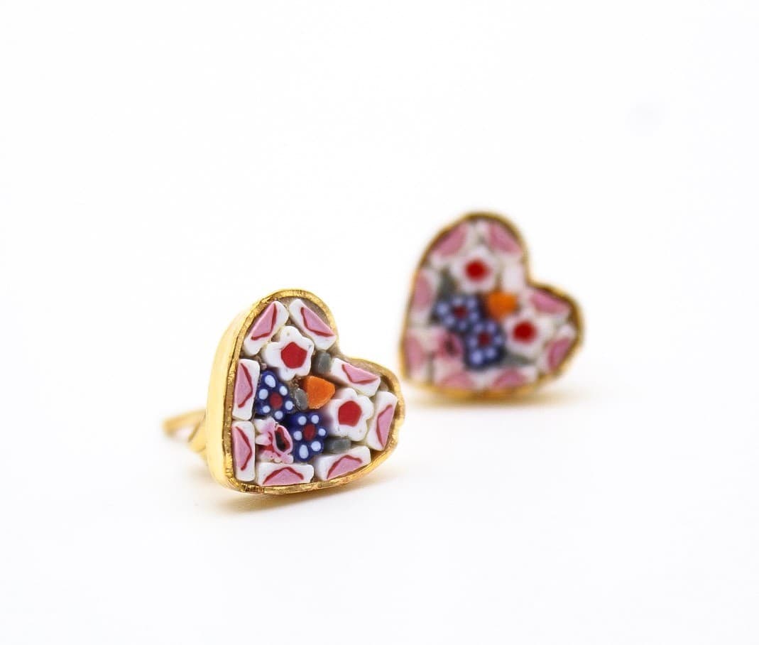 Vintage Italian Floral Multi Color Glass Micro Mosaic Heart Stud Earrings - Thumbnail 2