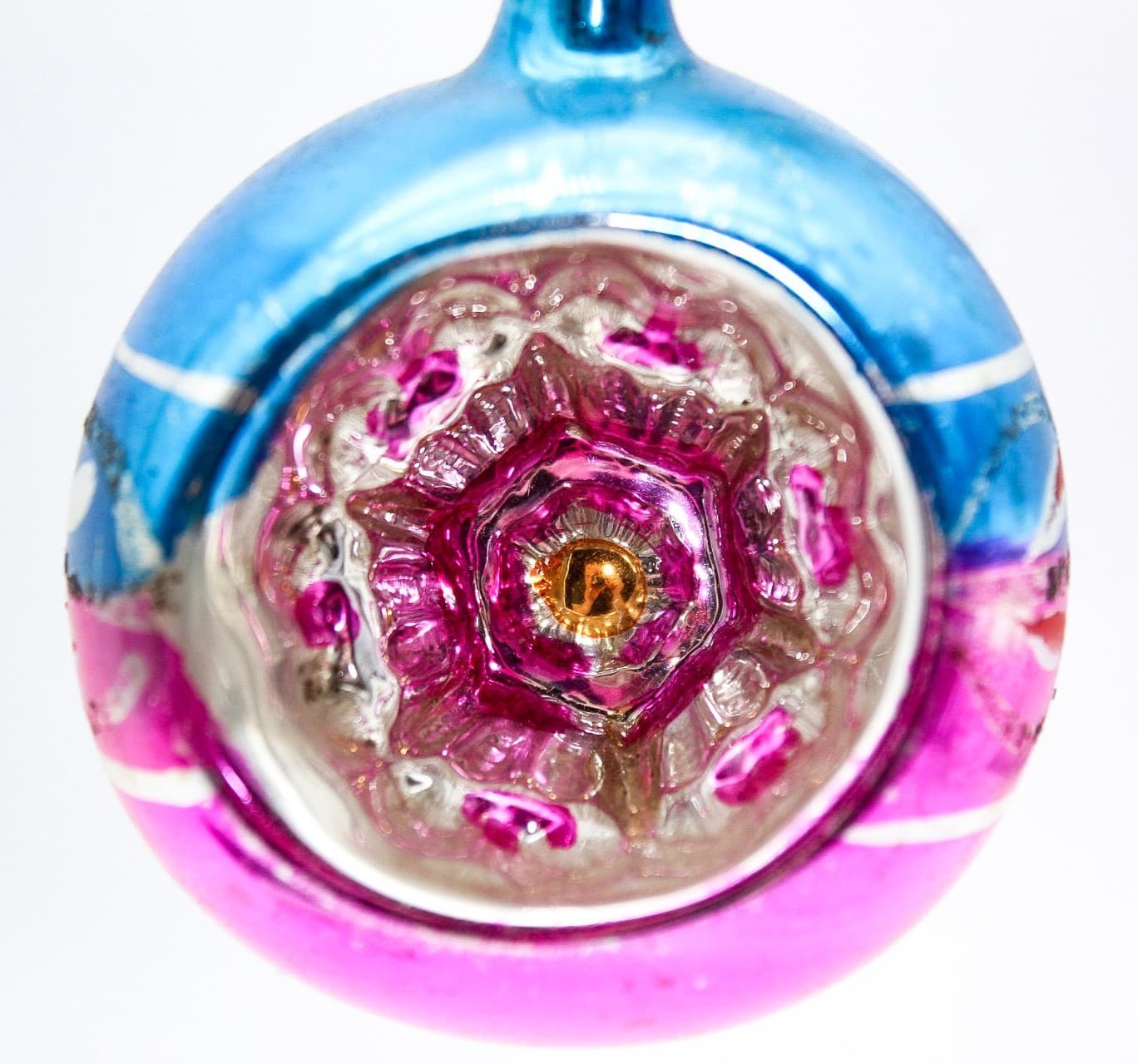 Vintage Poland Pink Blue Mercury Glass Indent Reflector Christmas Ornament - Thumbnail 2