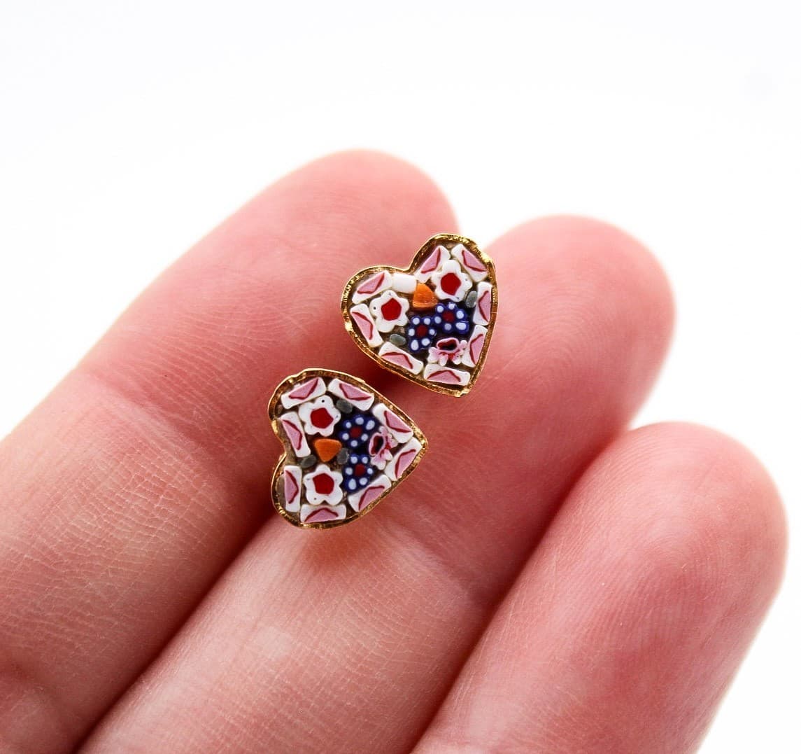 Vintage Italian Floral Multi Color Glass Micro Mosaic Heart Stud Earrings - Thumbnail 5