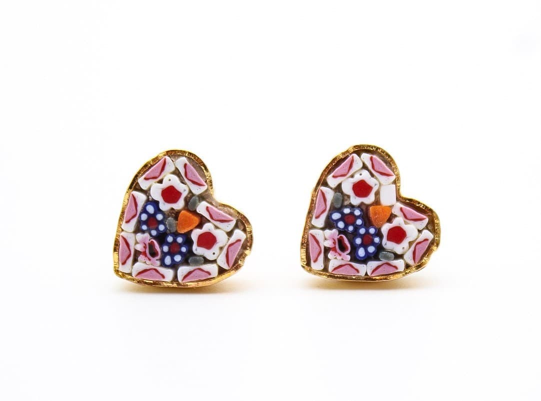 Vintage Italian Floral Multi Color Glass Micro Mosaic Heart Stud Earrings - Thumbnail 6