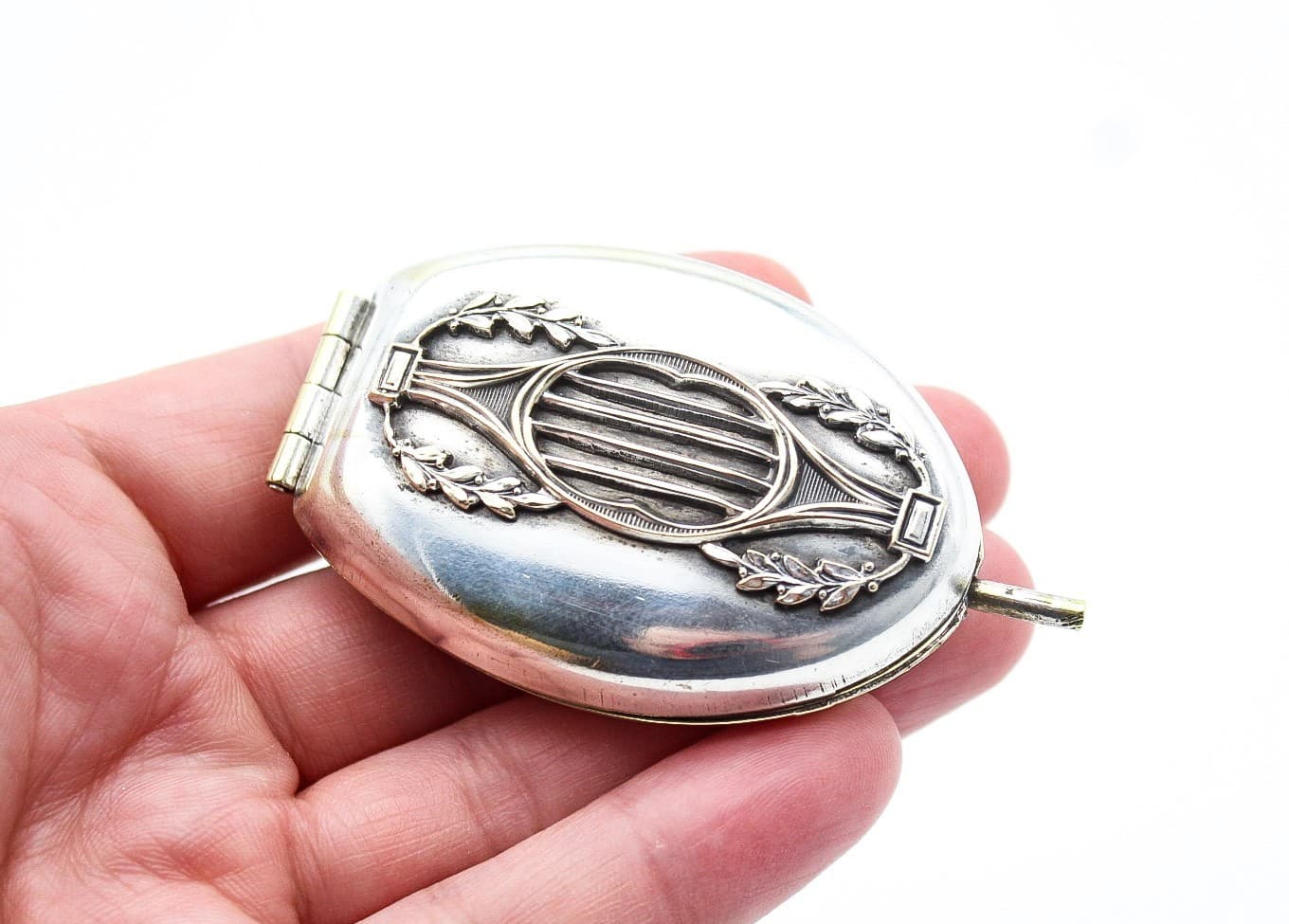 Antique Germany Silver Napoleonic Compact Hinged Mirror - Thumbnail 5