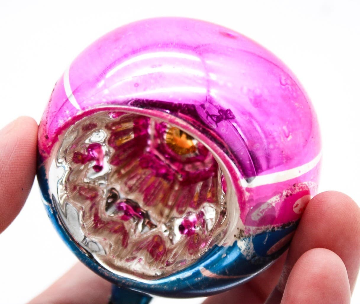 Vintage Poland Pink Blue Mercury Glass Indent Reflector Christmas Ornament - Thumbnail 3