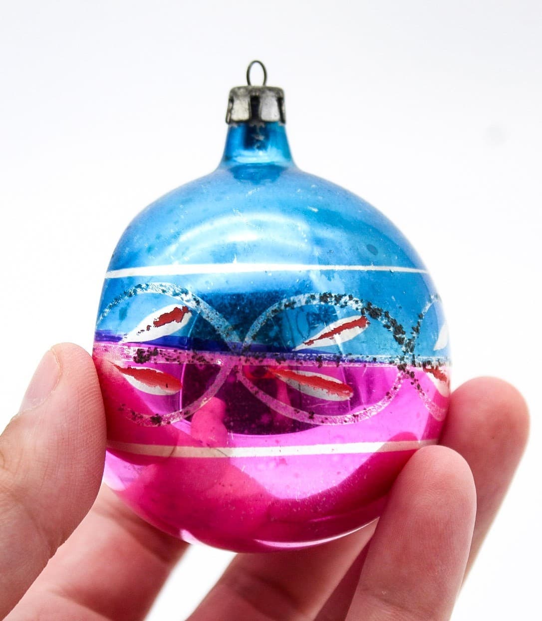 Vintage Poland Pink Blue Mercury Glass Indent Reflector Christmas Ornament - Thumbnail 6