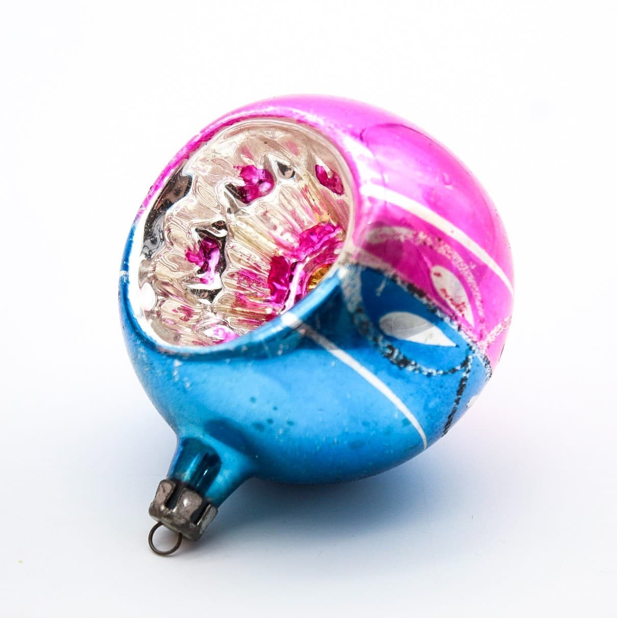 Vintage Poland Pink Blue Mercury Glass Indent Reflector Christmas Ornament - Thumbnail 4