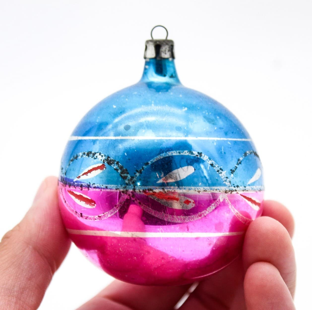 Vintage Poland Pink Blue Mercury Glass Indent Reflector Christmas Ornament - Thumbnail 5