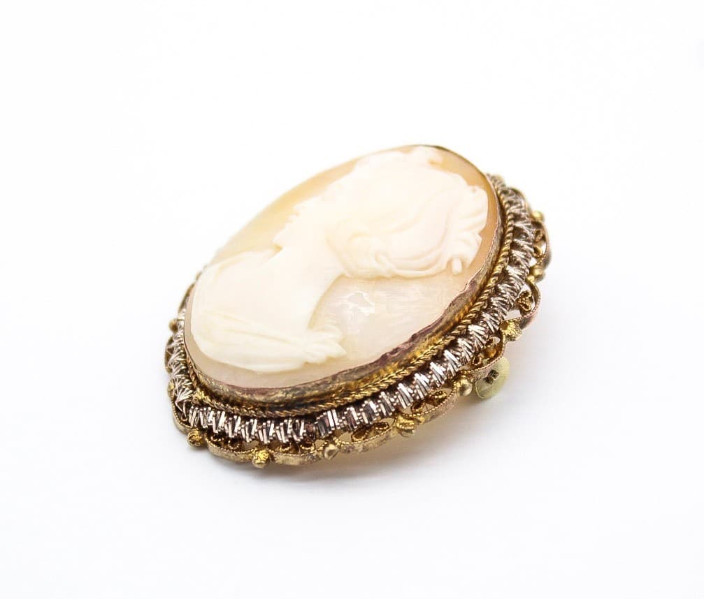 Vintage Antique Gold Tone Ornate Filigree Mount Shell Cameo Brooch Pin Pendant - Thumbnail 4
