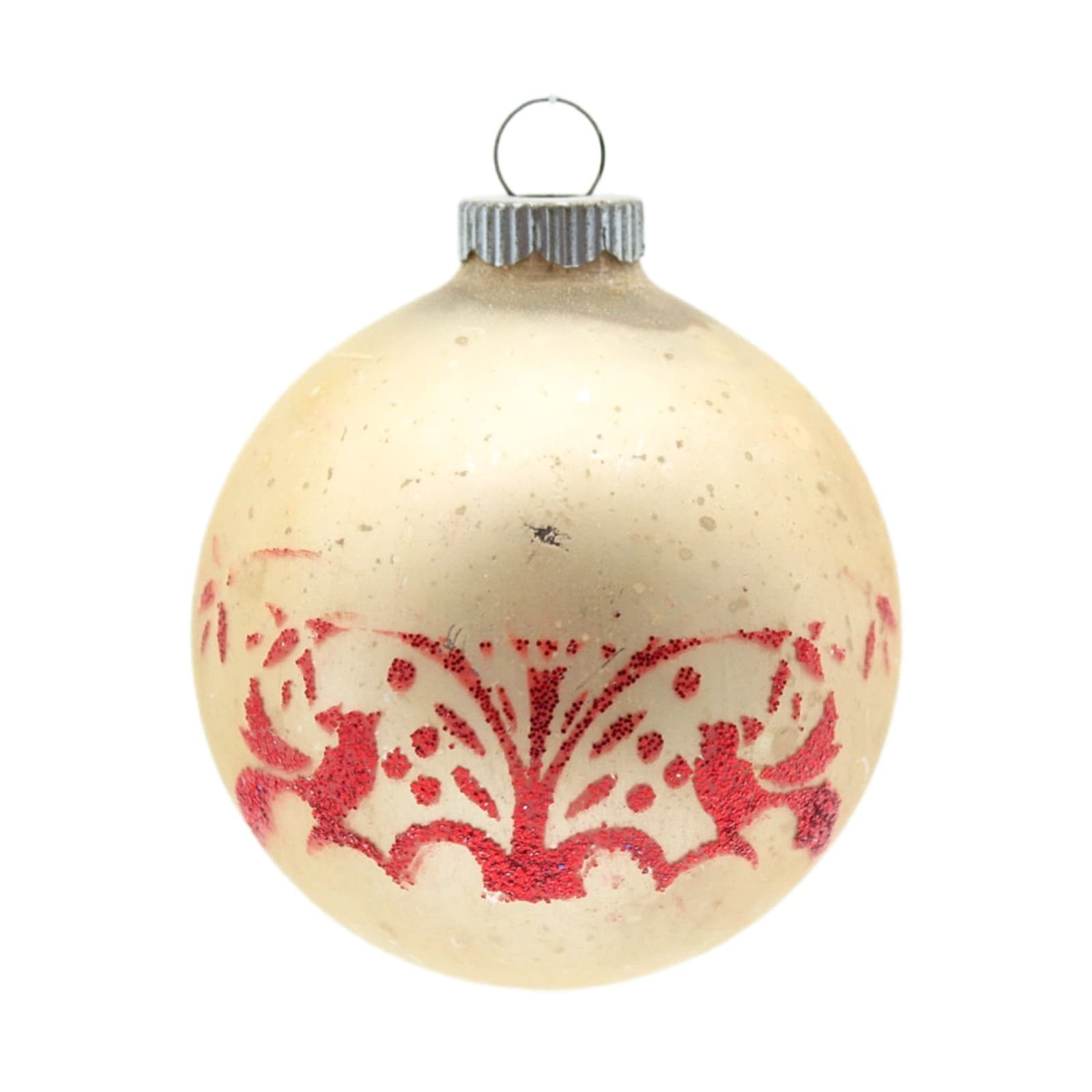 Vintage Shiny Brite Red Mica Glitter Scroll Glass Christmas Ornament