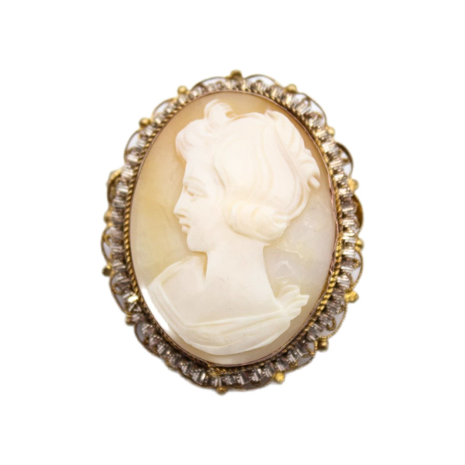Vintage Antique Gold Tone Ornate Filigree Mount Shell Cameo Brooch Pin Pendant