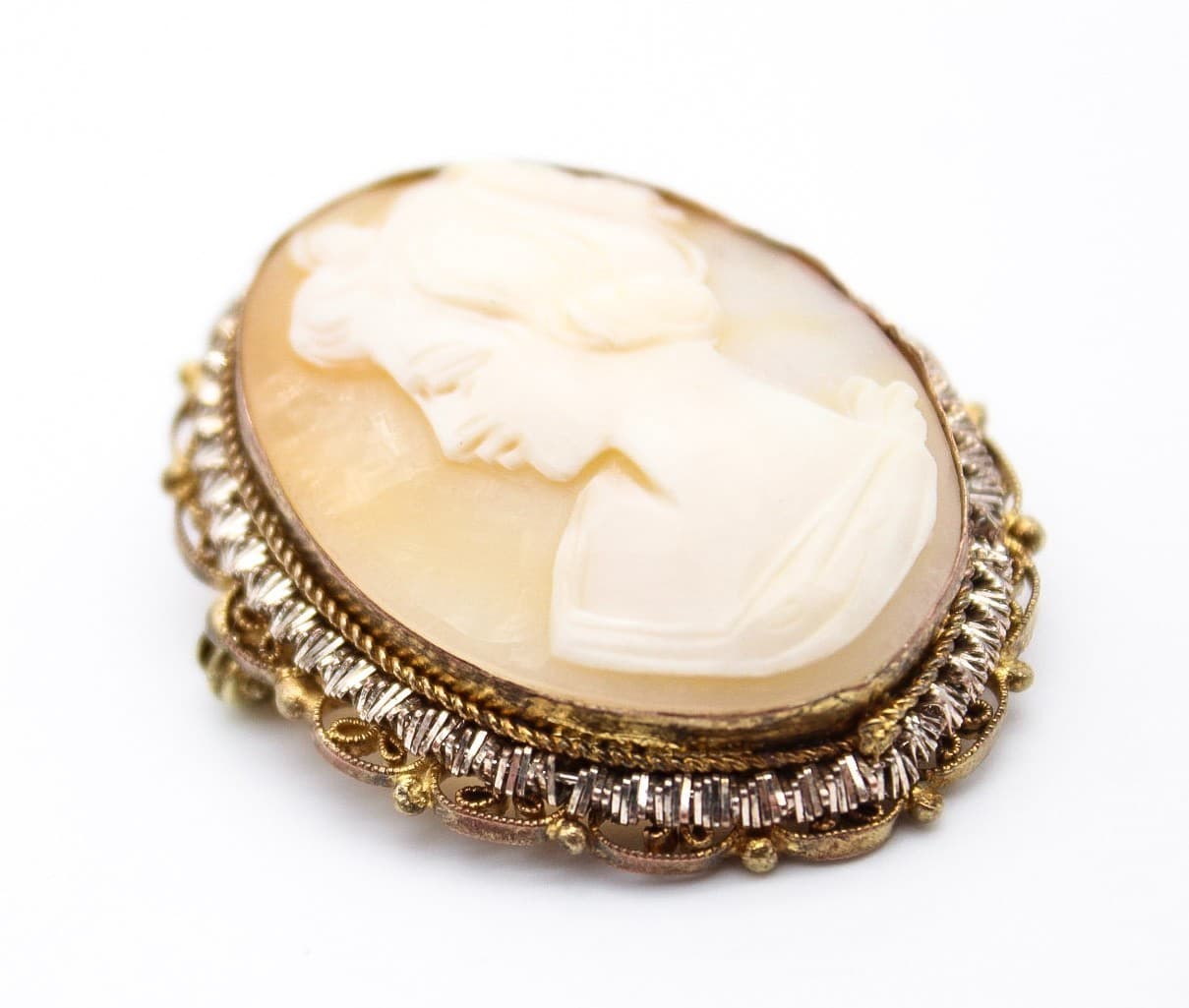 Vintage Antique Gold Tone Ornate Filigree Mount Shell Cameo Brooch Pin Pendant - Thumbnail 3