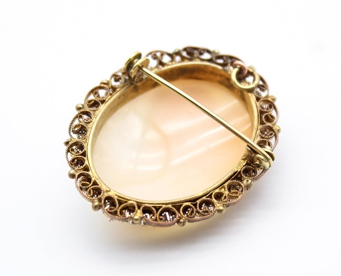 Vintage Antique Gold Tone Ornate Filigree Mount Shell Cameo Brooch Pin Pendant - Thumbnail 7