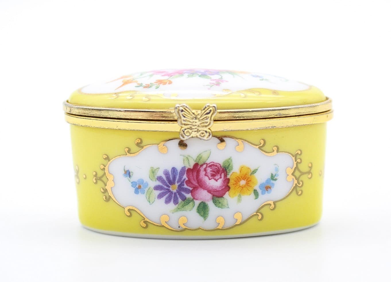 Vintage Oval Floral Bouquet Butterfly Clasp Yellow Porcelain Trinket Box - Thumbnail 6