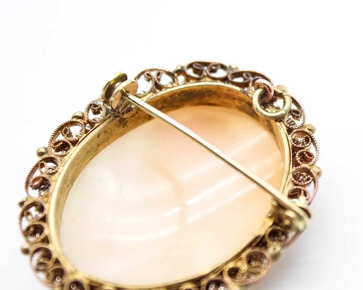 Vintage Antique Gold Tone Ornate Filigree Mount Shell Cameo Brooch Pin Pendant - Thumbnail 8