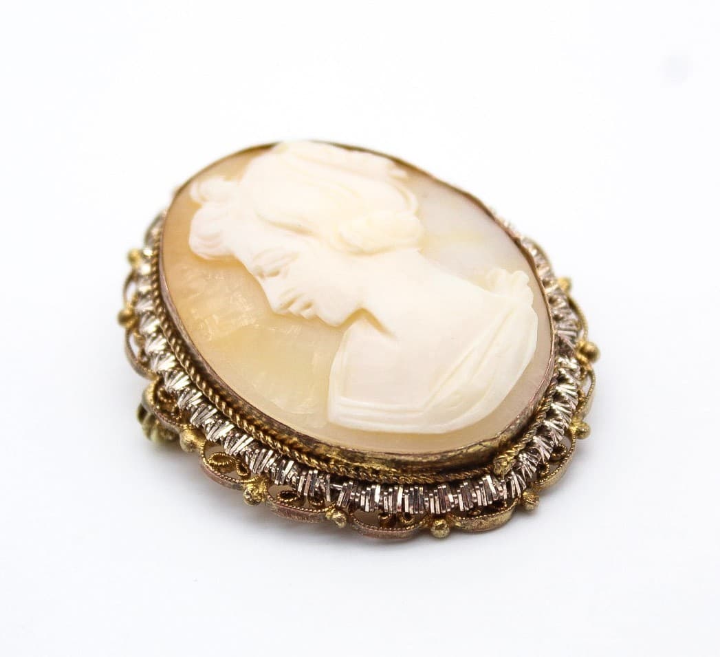 Vintage Antique Gold Tone Ornate Filigree Mount Shell Cameo Brooch Pin Pendant - Thumbnail 2