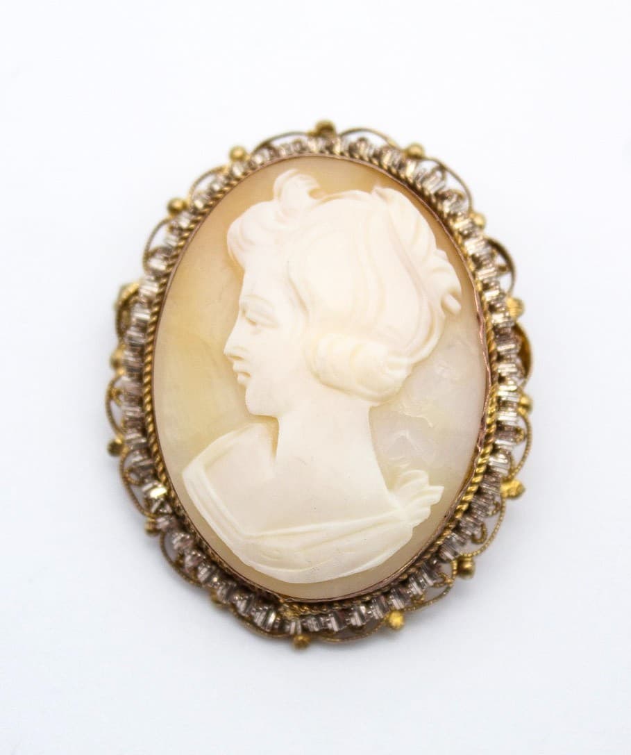 Vintage Antique Gold Tone Ornate Filigree Mount Shell Cameo Brooch Pin Pendant - Thumbnail 10