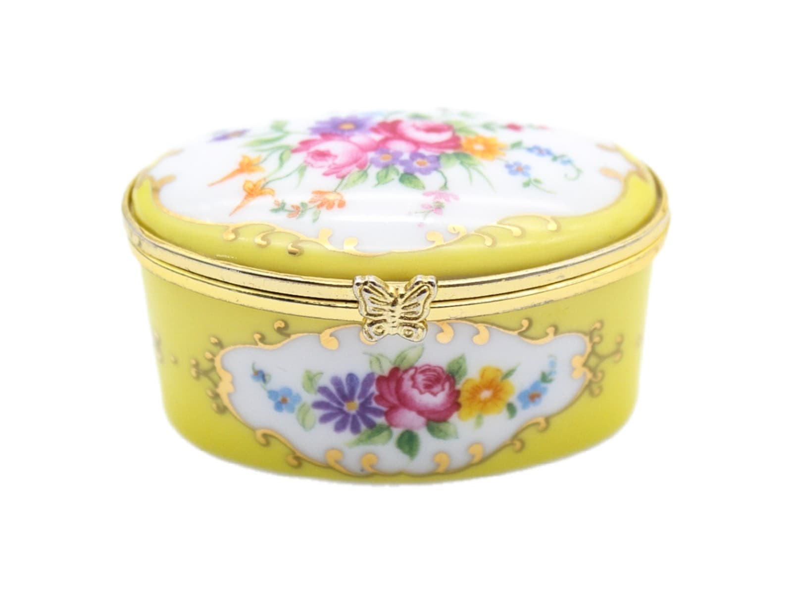 Vintage Oval Floral Bouquet Butterfly Clasp Yellow Porcelain Trinket Box