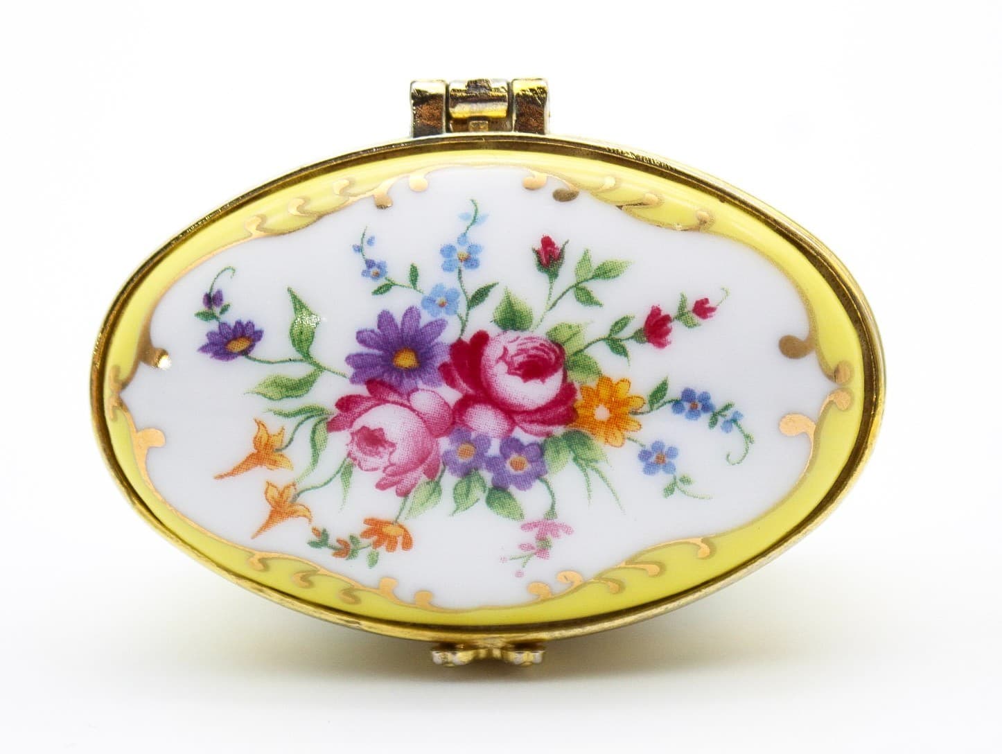 Vintage Oval Floral Bouquet Butterfly Clasp Yellow Porcelain Trinket Box - Thumbnail 5