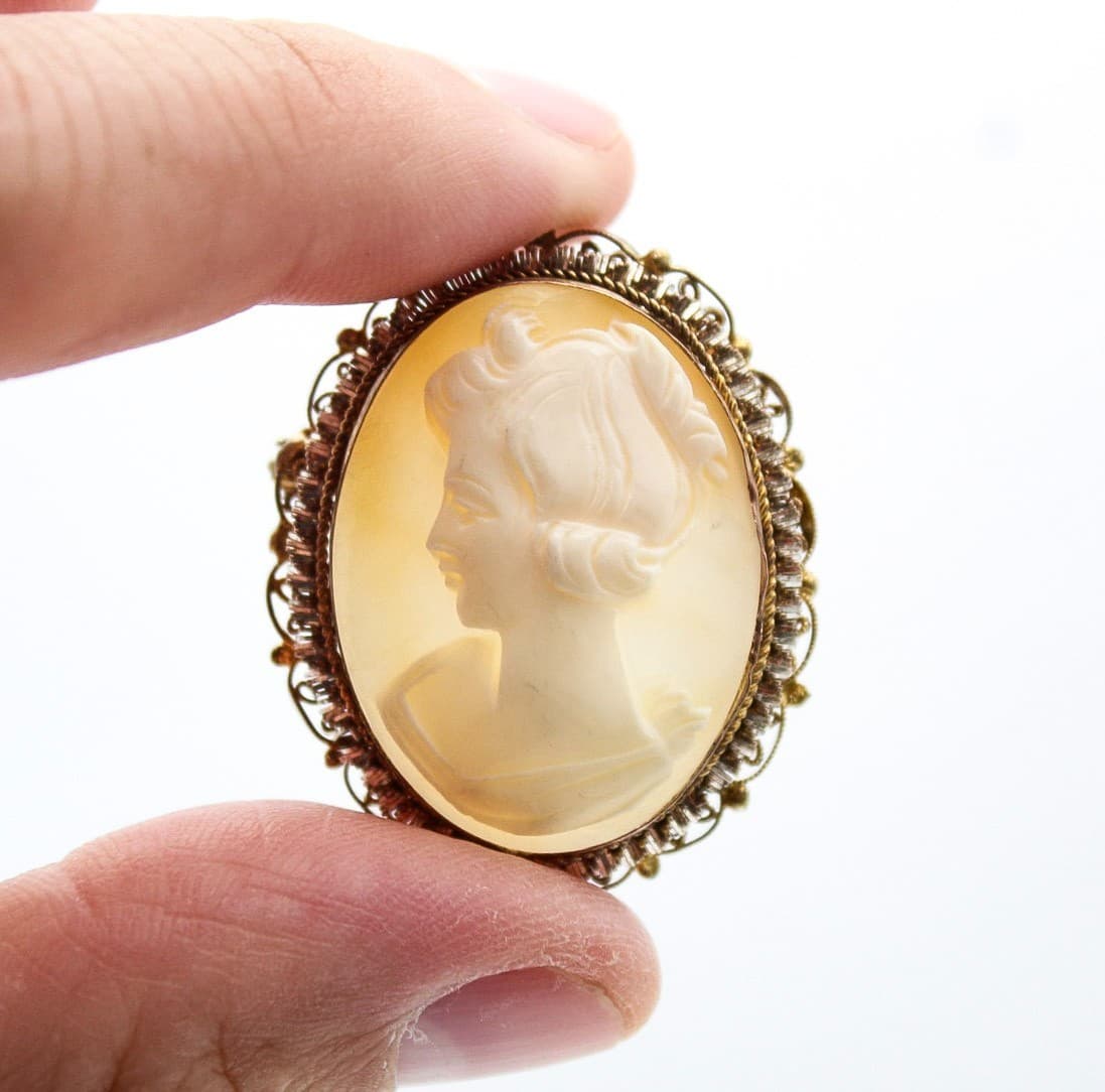 Vintage Antique Gold Tone Ornate Filigree Mount Shell Cameo Brooch Pin Pendant - Thumbnail 5