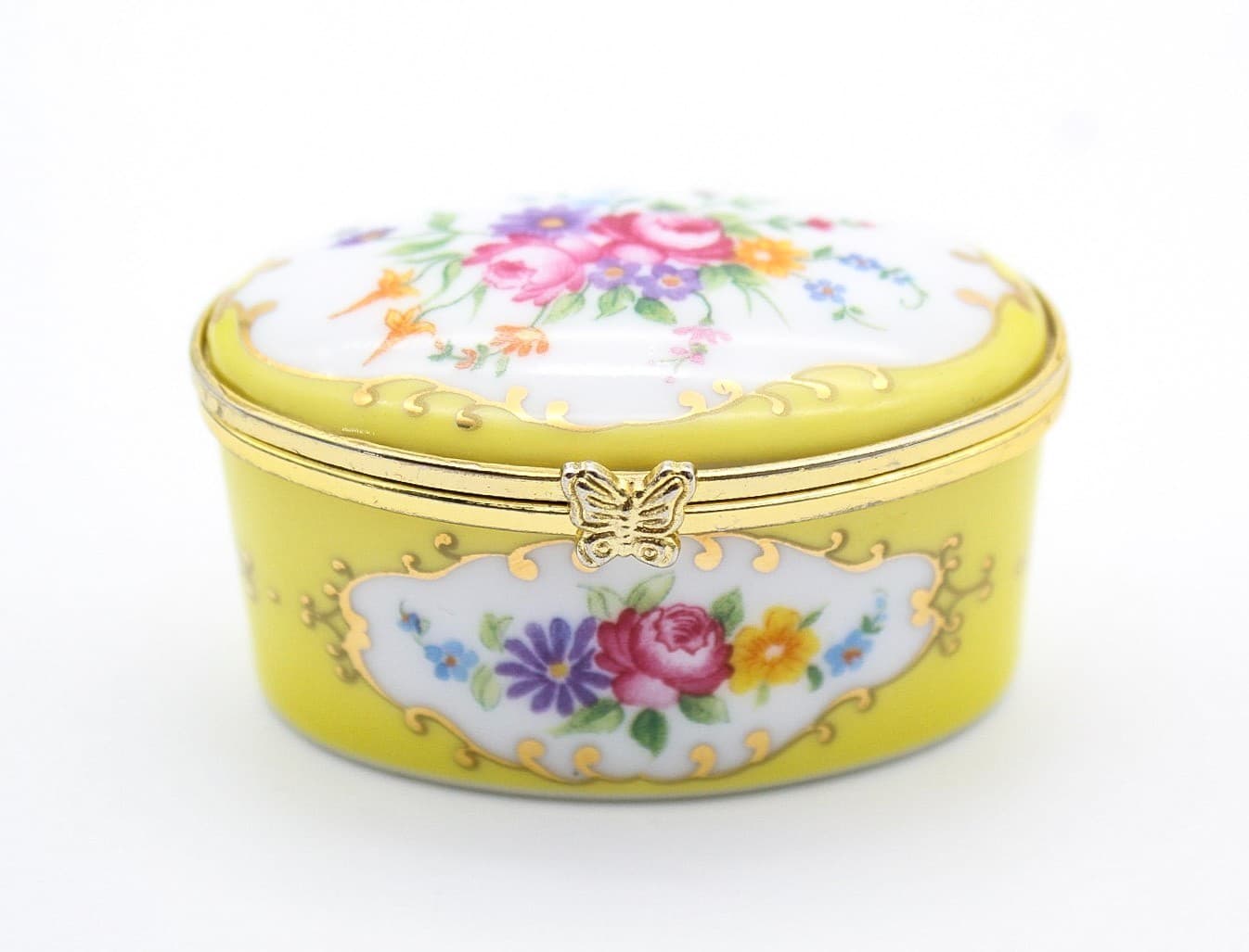 Vintage Oval Floral Bouquet Butterfly Clasp Yellow Porcelain Trinket Box - Thumbnail 9