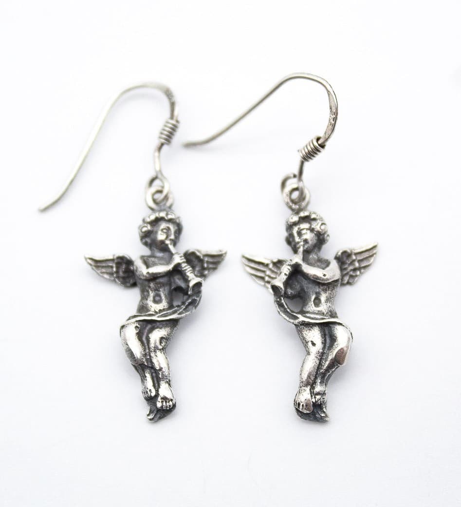 Vintage 925 Sterling Silver Cherub Angel Trumpet Dangle Drop Earrings