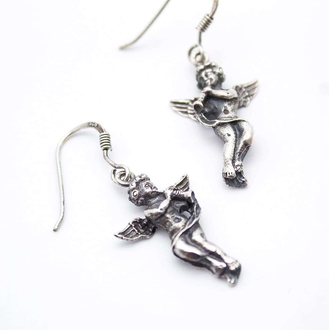 Vintage 925 Sterling Silver Cherub Angel Trumpet Dangle Drop Earrings - Thumbnail 2