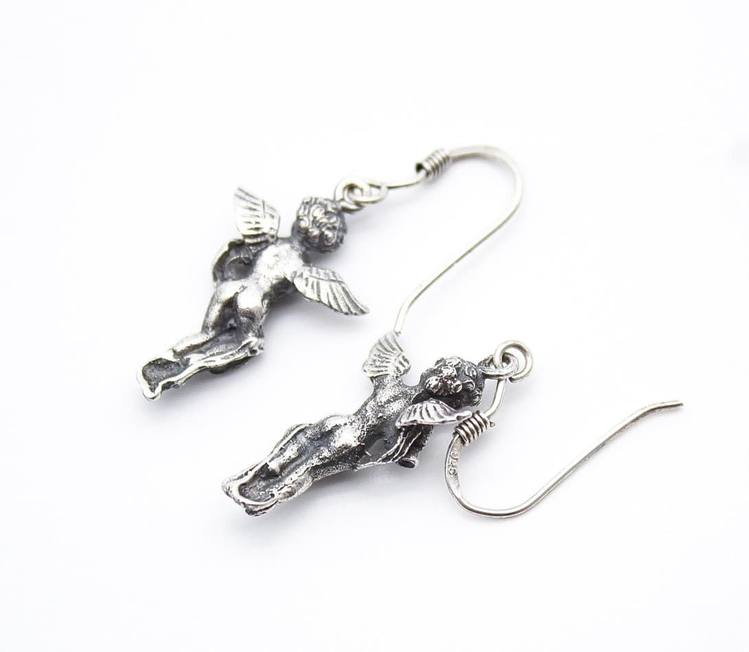 Vintage 925 Sterling Silver Cherub Angel Trumpet Dangle Drop Earrings - Thumbnail 4