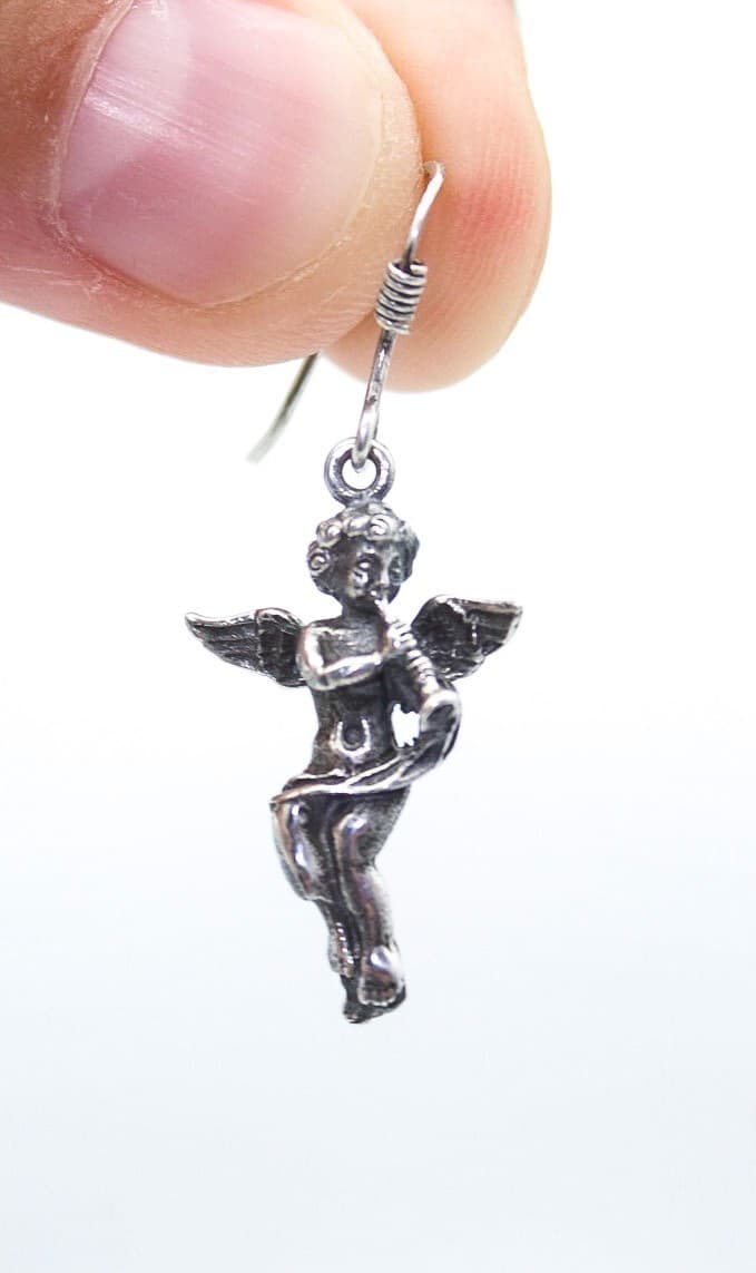 Vintage 925 Sterling Silver Cherub Angel Trumpet Dangle Drop Earrings - Thumbnail 7