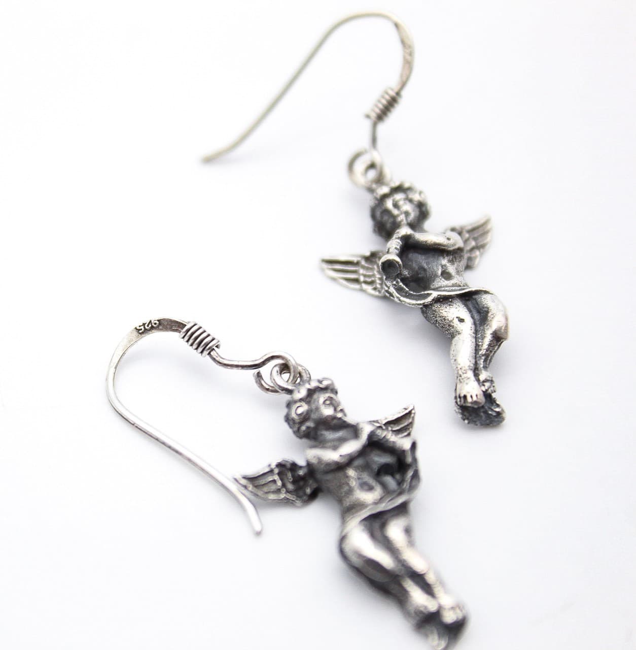 Vintage 925 Sterling Silver Cherub Angel Trumpet Dangle Drop Earrings - Thumbnail 3